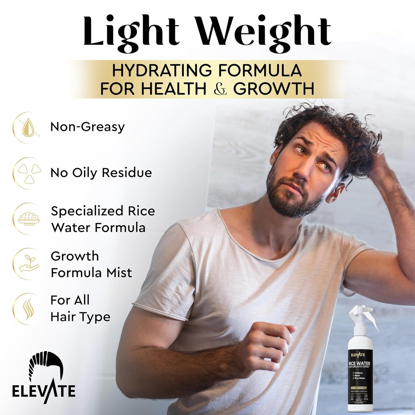 Elevate Rice Water Hair Growth Spray - Infused with Biotin, Caffeine & Aloe Vera for Thicker, Longer, Softer Hair - Fermented Leave In Mist for Thinning, Damaged Hair - Vegan & Non-Greasy