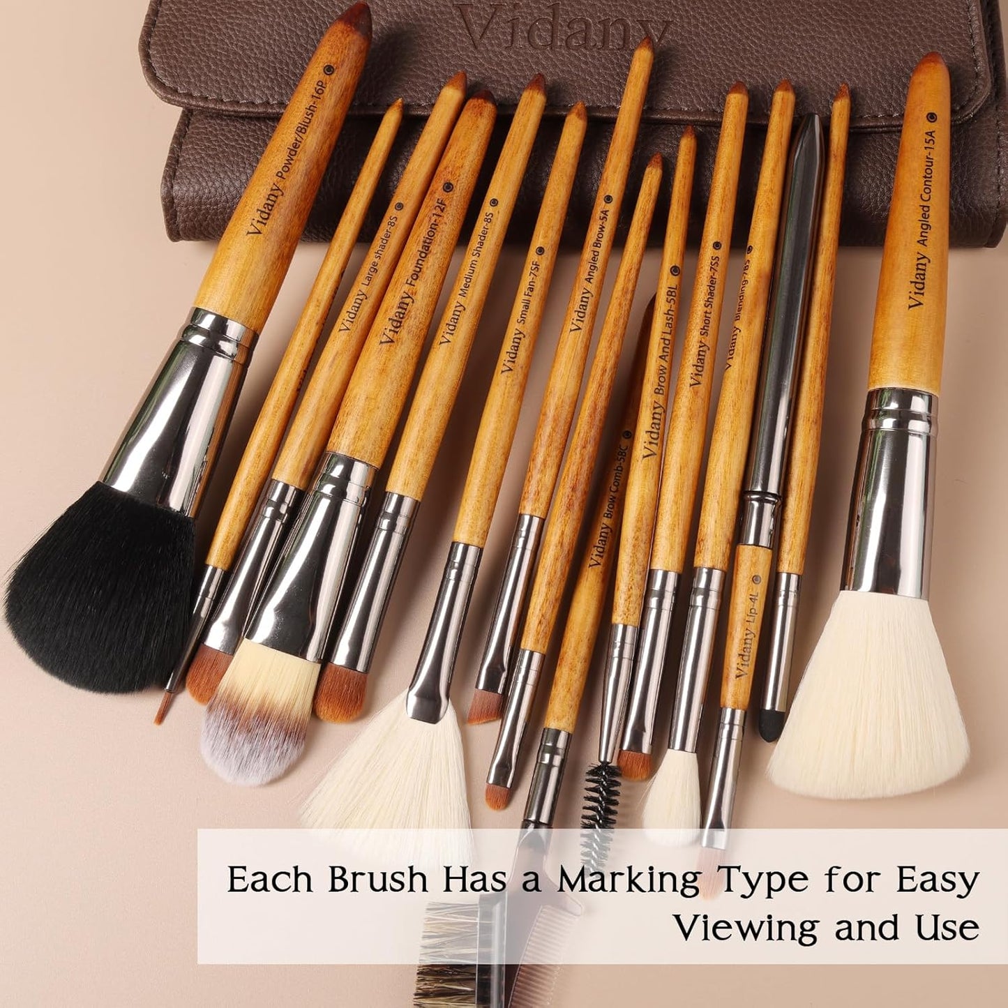 Makeup Brush Set,15pcs Walnut Wooden Makeup Brushes With Leather Button Bag, Professional Makeup Brushes For Foundation Concealer Kabuki Blush Eyeliner Shadow Brow, Makeup Brush Sets & Kits
