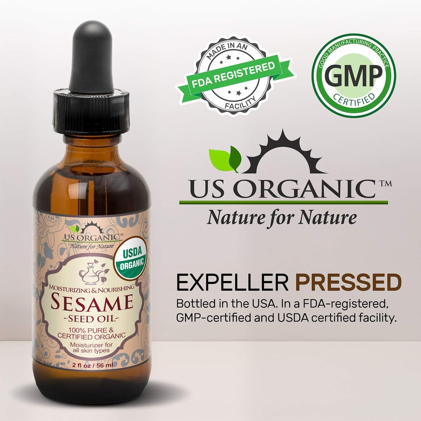 US Organic Sesame Seed Oil, USDA Certified Organic, Untoasted, Unrefined Virgin, 100% Pure & Natural, Cold Pressed, in Amber Glass Bottle w/Glass Eye dropper, Sourced from Mexico (4 oz (Large))