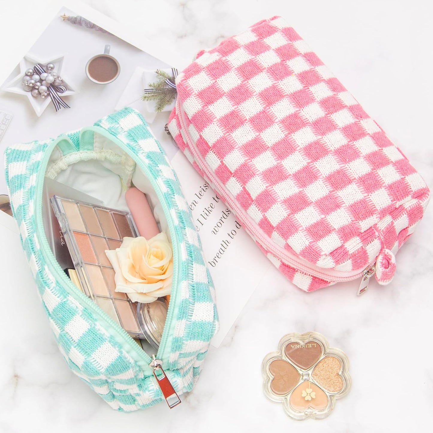 PAZIMIIK Checkered Makeup Bag for Purse Portable Zipper Make Up Pouch Small Cosmetic Case for Travel Accessories (6PCS Mix Color)