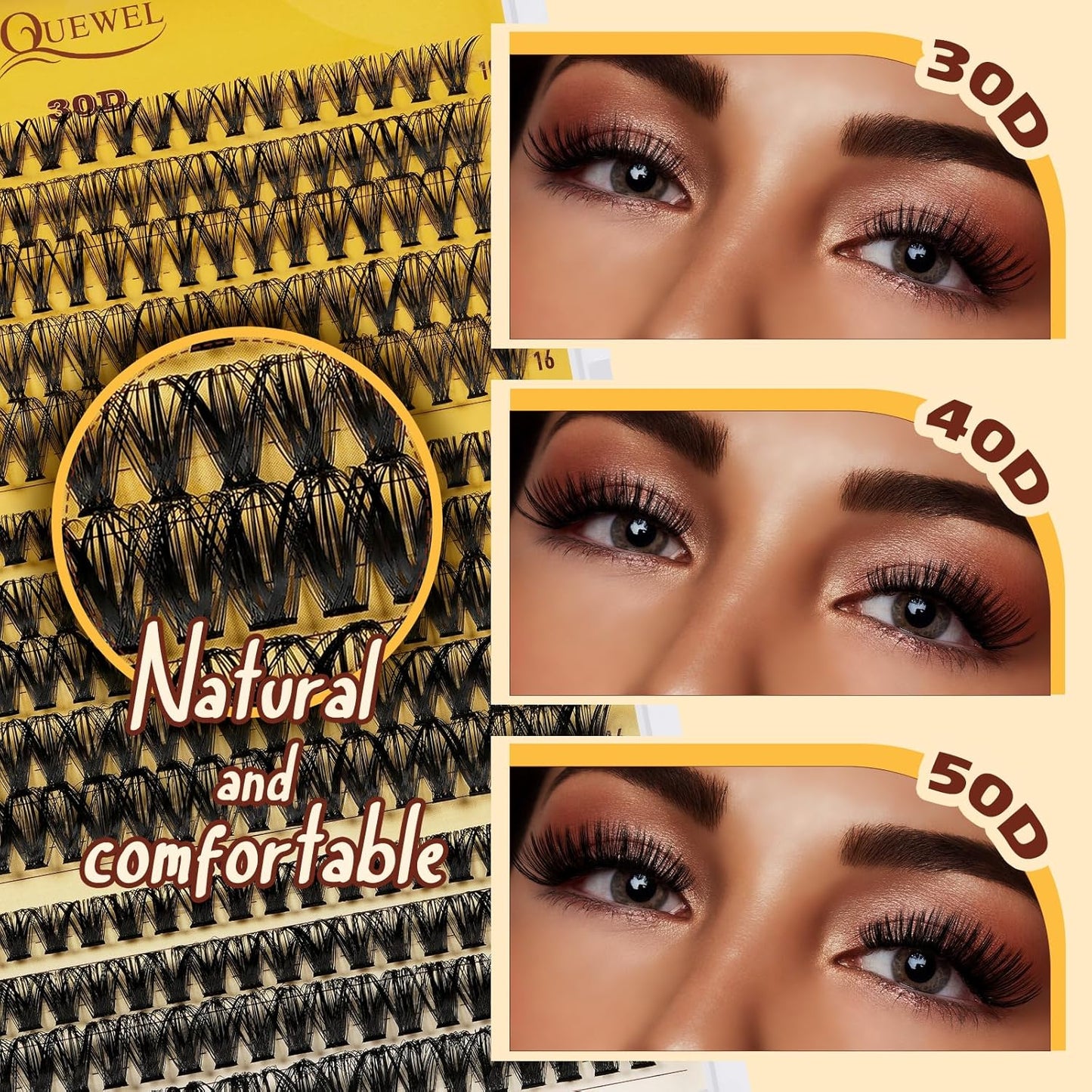 QUEWEL Lash-Clusters-Kit, 30+40+50D-Lash-Clusters Mixed 10-16mm Soft DIY-Lash-Extension-Kit with Lash Bond and Seal Waterproof, and Eyelash Clusters Tweezers Easy DIY at Home(30+40+50 KIT)