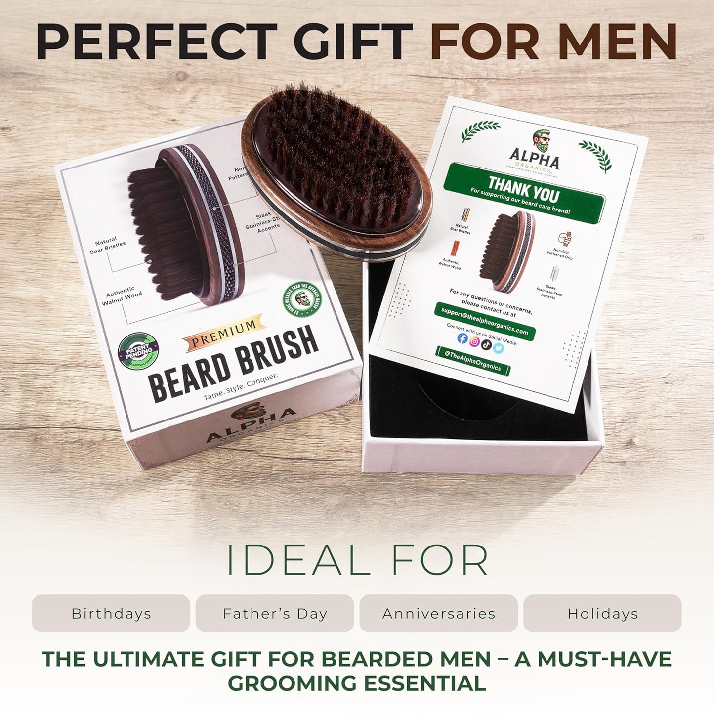 Premium Handmade 4.5" Boar Bristle Beard Brush for Men – Natural Walnut Wood & Non-Slip Rubber Grip – Men’s Grooming Brush for Short, Medium & Long Beards – Mustache & Beard Care Tool – Alpha Organics