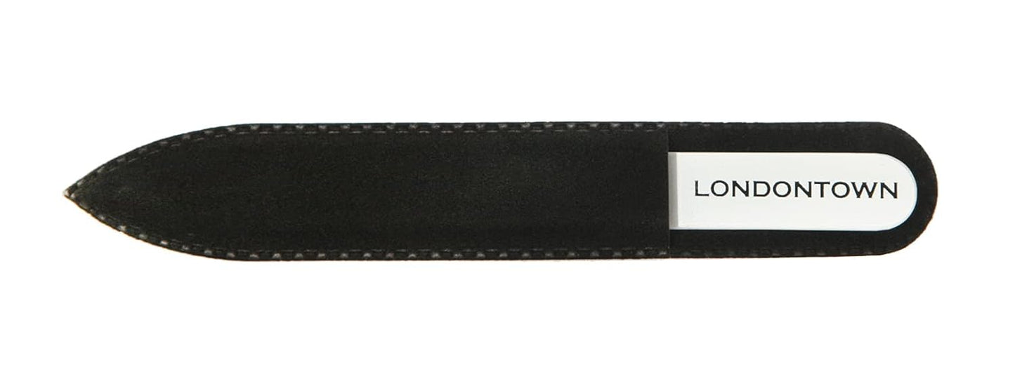 LONDONTOWN White Double-Sided Glass Nail File & Care Tool, Professional Grit Etched Crystal Manicure Accessory with Case Pouch