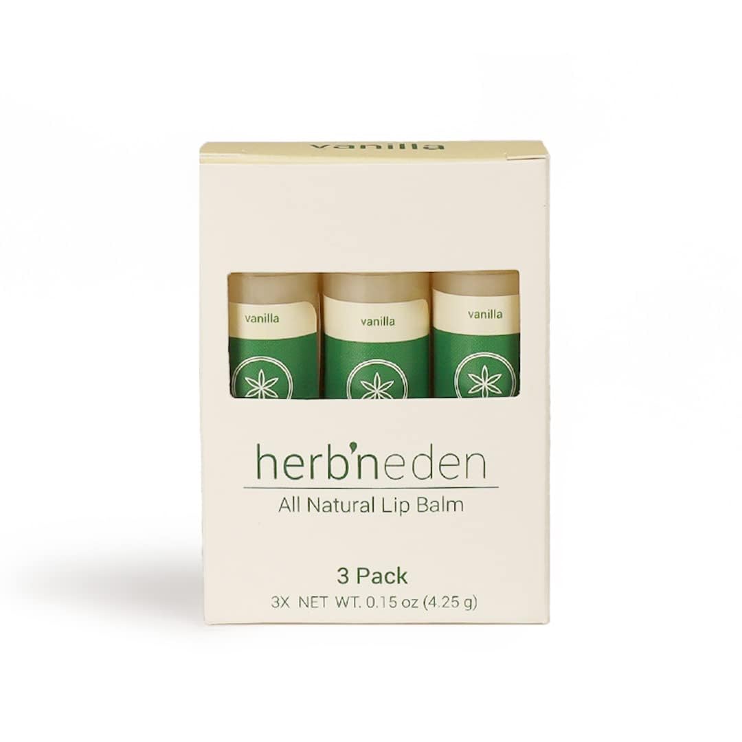 Herb’N Eden Vanilla Lip Balm Pack of 3 | Moisturizing and Soothing for Dry, Chapped Lips | 100% Natural Ingredients | Essential Oils