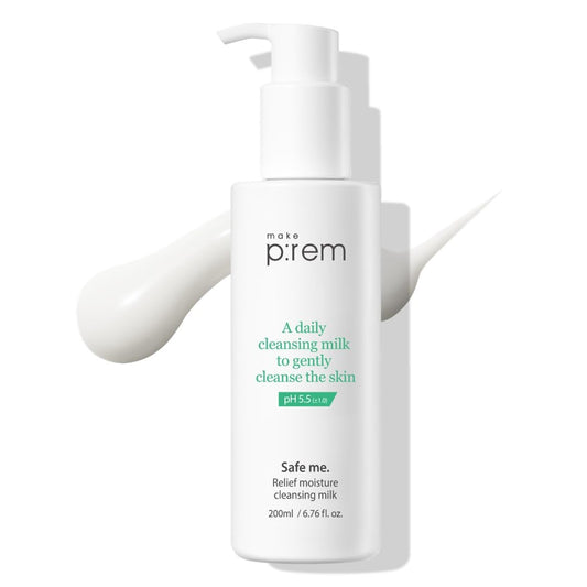 MAKE P:REM Safe Me. Relief Moisture Cleansing Milk, Hydrating Gentle Face Wash for Sensitive Skin with Soy Protein, Korean Milky Cleanser, Korean Skin Care, 6.76 Fl.Oz, 200ml