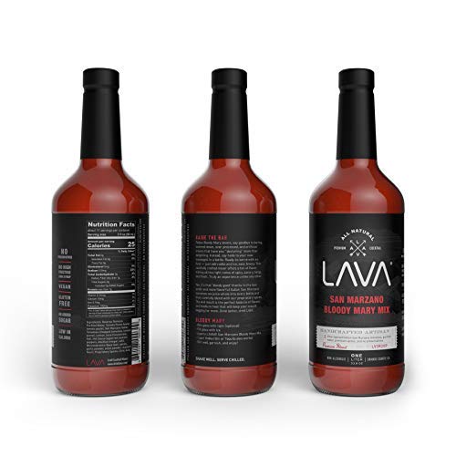 (3 Pack) LAVA Premium Bloody Mary Mix; Italian San Marzano Tomatoes, No Artificial Sweeteners, Vegan, Ready to Use, No Added Sugar, 1-Liter (33.8oz) Glass
