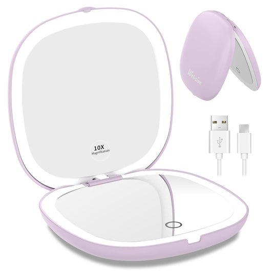 WOBSION Rechargeable Lighted Travel Makeup Mirror,1x/10x Compact Magnifying Mirror with Lights,Portable for Bag,4inch,Gift,Purple