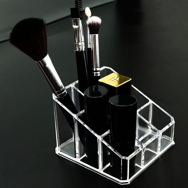 Acrylic Makeup Organizer Cosmetic Storage Display Case Makeup Brush Holder Organizer Lipstick Dispenser Canister Bathroom Container (3.5 x 3.5 x 2.6 in, 9 Partitions, Transparent)