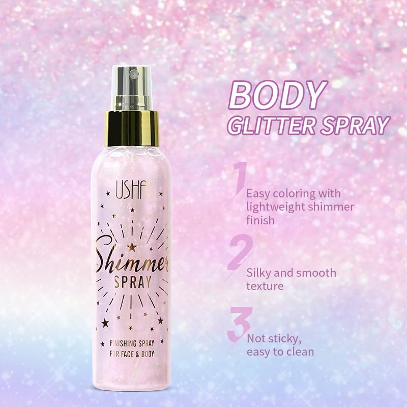 USHAS Body Glitter Spray 3.72 fl.oz - Temporary Body Shimmer Spray for Face, Hair, Clothing, Long Lasting Quick-Drying Shiny for Music Festival Rave (04)