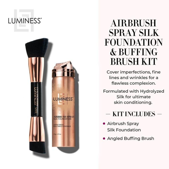 LUMINESS Silk Airbrush Spray Foundation & Buffing Brush Kit – Full Coverage Foundation & Dual-Sided Buffing Brush - Buildable Coverage, Anti-Aging Formula Hydrates & Moisturizes (Shade - Medium Warm)