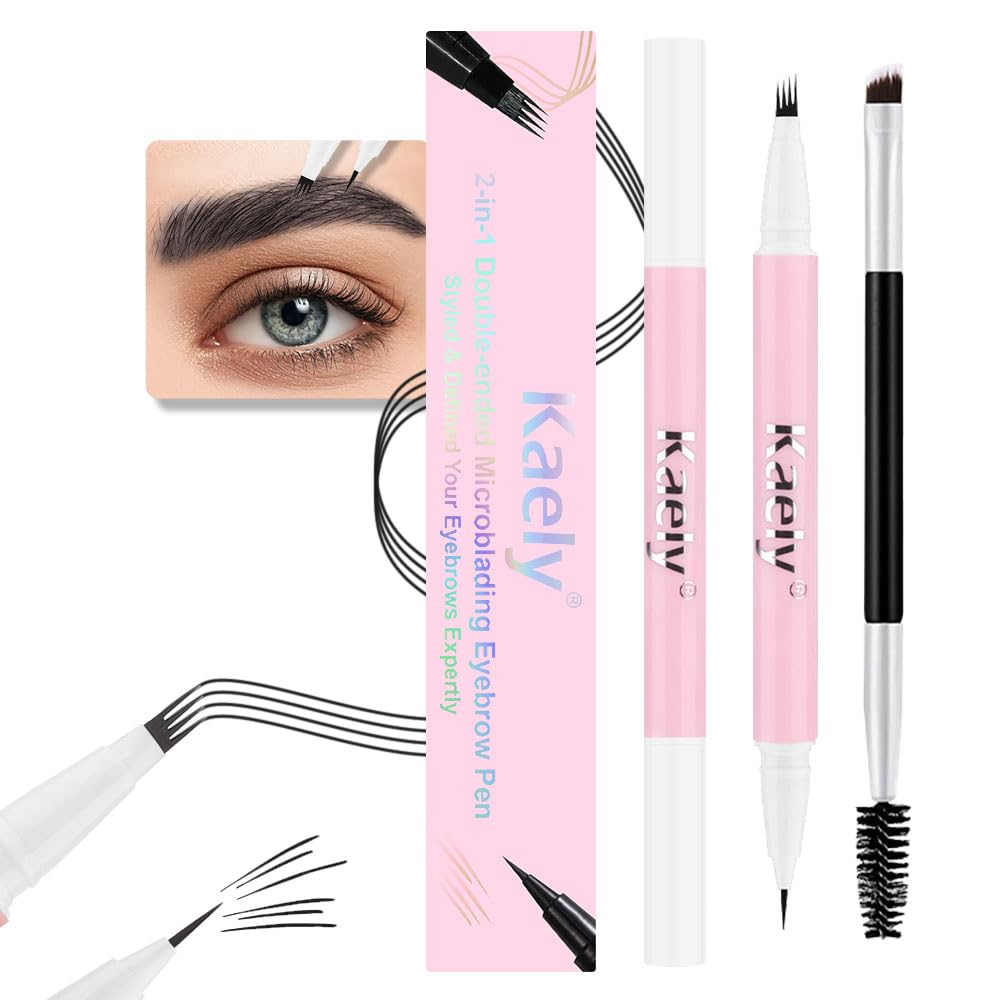 evpct 1Pcs Black Magic Microblading Dual-Ended Eyebrow Contouring Pen Brow Pencil, with 4 Brush Micro-Fork-Tips Applicator and Precise Brush-Tip, Hair Like Strokes, with Dual-ended Eyebrow Brush