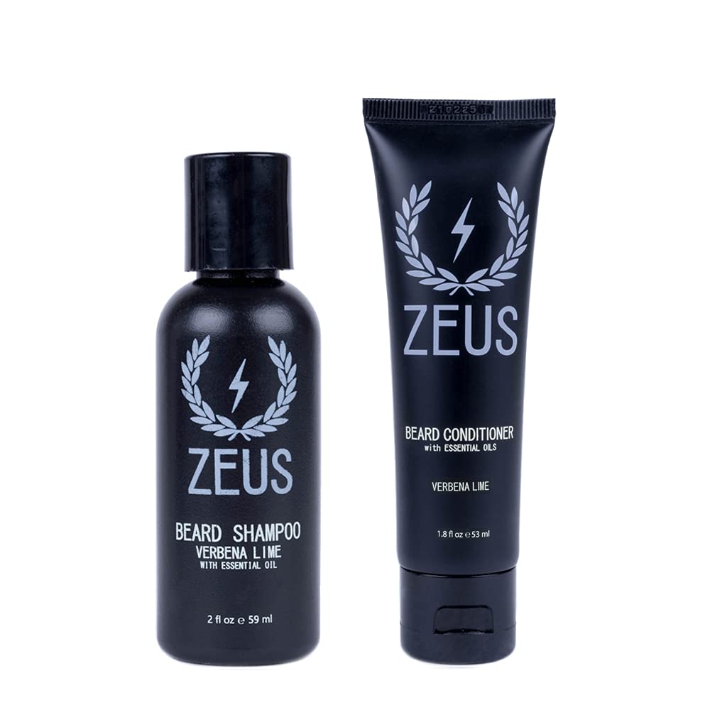 ZEUS Travel Beard Shampoo & Conditioner Combo for Men, Grooming Set with Green Tea & Essential Oils, Softens, Hydrates & Moisturizes Facial Hair (Made in USA) Verbena Lime