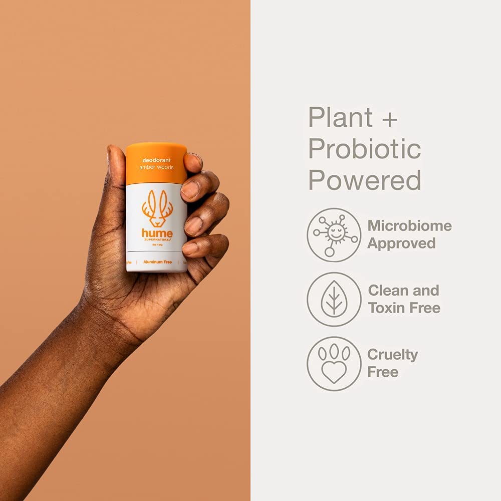 Hume Supernatural Aluminum Free Deodorant for Women & Men - Safe for Sensitive Skin - Probiotic, Plant-Based, Baking Soda Free, Aloe, & Cactus Flower, Anti Sweat, Stain & Odor - Amber Woods, 3-Pack
