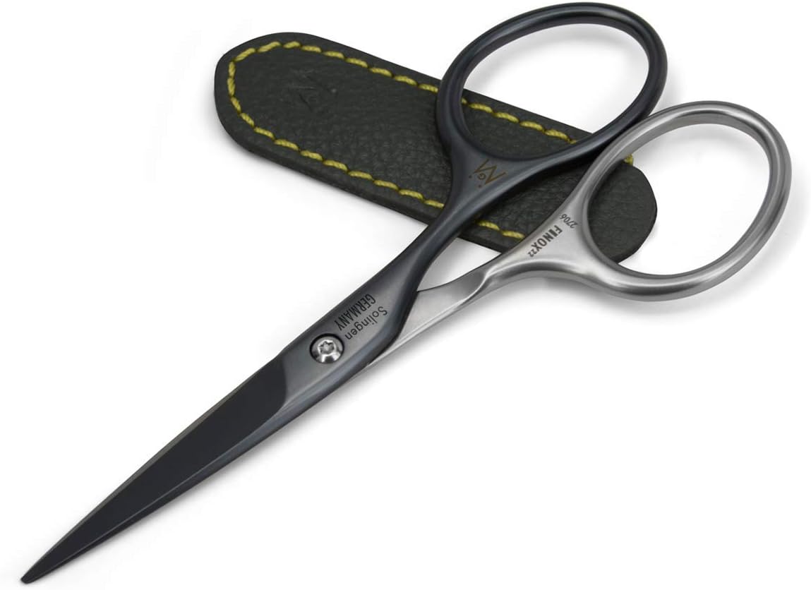 GERMANIKURE Moustache and Beard Scissors - Self-Sharpening FINOX22 Titanium Coated Stainless Steel Professional Grooming Tools in Leather Case - Ethically Made in Solingen Germany - 2706