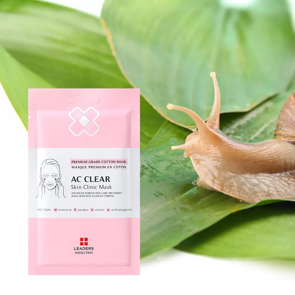 Leaders Insolution AC Clear Skin Clinic Mask | Snail Secretion & Tea Tree Oil for Acne, Redness, Oil Control | 100% Cotton Bemliese Sheet | Balances & Soothes Sensitive Skin (5 Sheets)