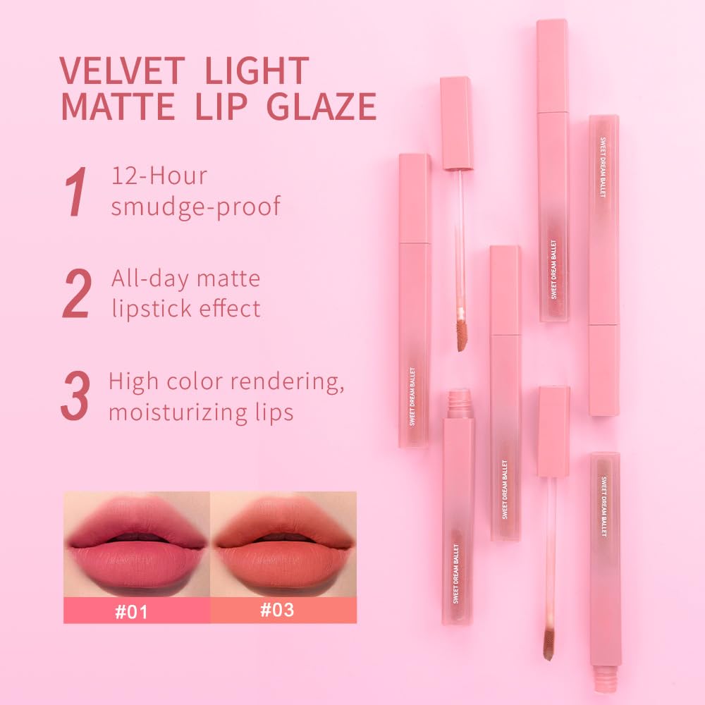 BINGBRUSH 2Pcs Velvet Light Matte Lip Tints – Colorstay Lipstick Highly Pigmented, Long-Lasting Lip Stain,Moisturizing, Waterproof, Lightweight Soft Lip Cream,Smudge-Proof & Fade-Resistant
