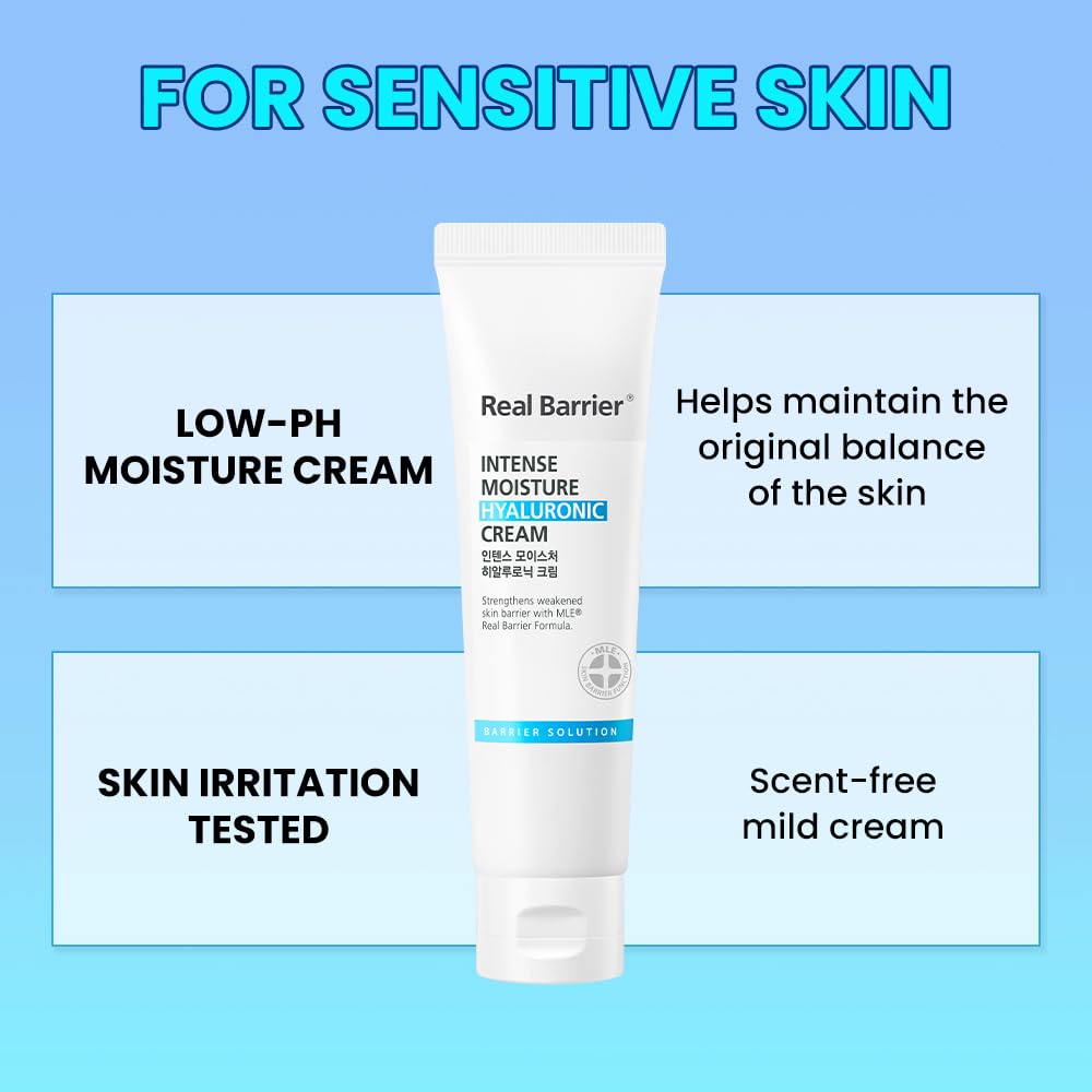 Real Barrier | Intense Moisture Hyaluronic Cream | Panthenol Skin Barrier Repair Face Cream | Hyaluronic Acid Moisturizing Face Lotion | Face Moisturizer for Dry & Sensitive Skin | 2.02 fl oz (60ml)