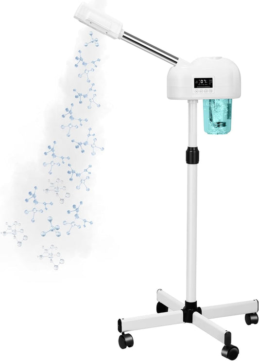 Professional Facial Steamer for Clean Skin, LCD Display, Facial Steamer for Esthetician, Use at Home & Salon, Spa with Hot Mist, Timer Function, Adjustable Height & Rolling Wheels