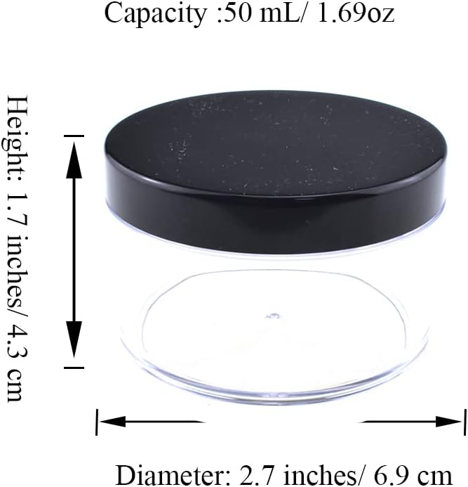 HAHIYO 2Pcs 50ml/1.69oz Plastic Empty Travel Powder Container Large Loose Powder Compact Case Makeup Cosmetic Jar Refillable Powder Box No Leak Powder Holder with Common Sifter and Black Screw Lid