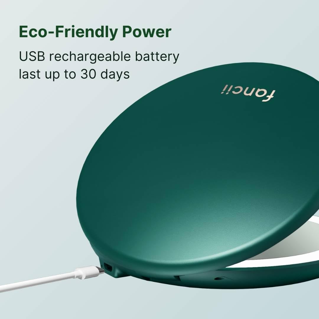 Fancii Taylor Rechargeable Travel Makeup Mirror with LED Lights, 10x /1x Magnifying, 3 Light Settings, Large 5” Wide | Compact Mirror for Purses (Emerald Envy)