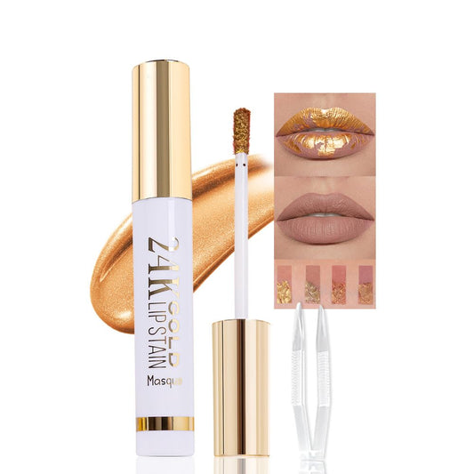 2025 New 24K Gold Liquid Lip Gloss Peel Off Lip Stain Tattoo with Tweezer, Brownish Red Lips Stain Peel Off Masque, Long Lasting Waterproof Lip Tint Stain,Transfer-proof for All Skin Types 02#