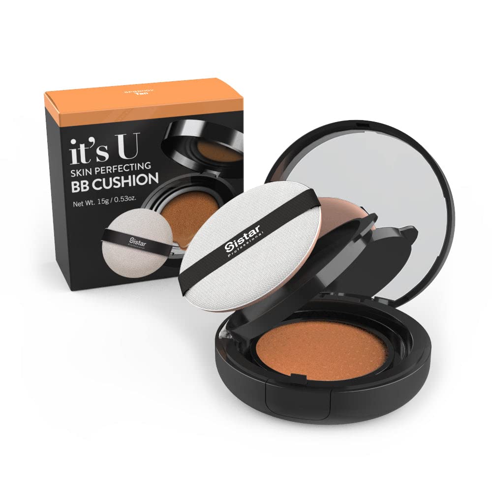 Sistar Skin Perfecting BB Cushion Full Coverage Long Lasting Natural Glow Foundation On The Go Case With Mirror (Tan)