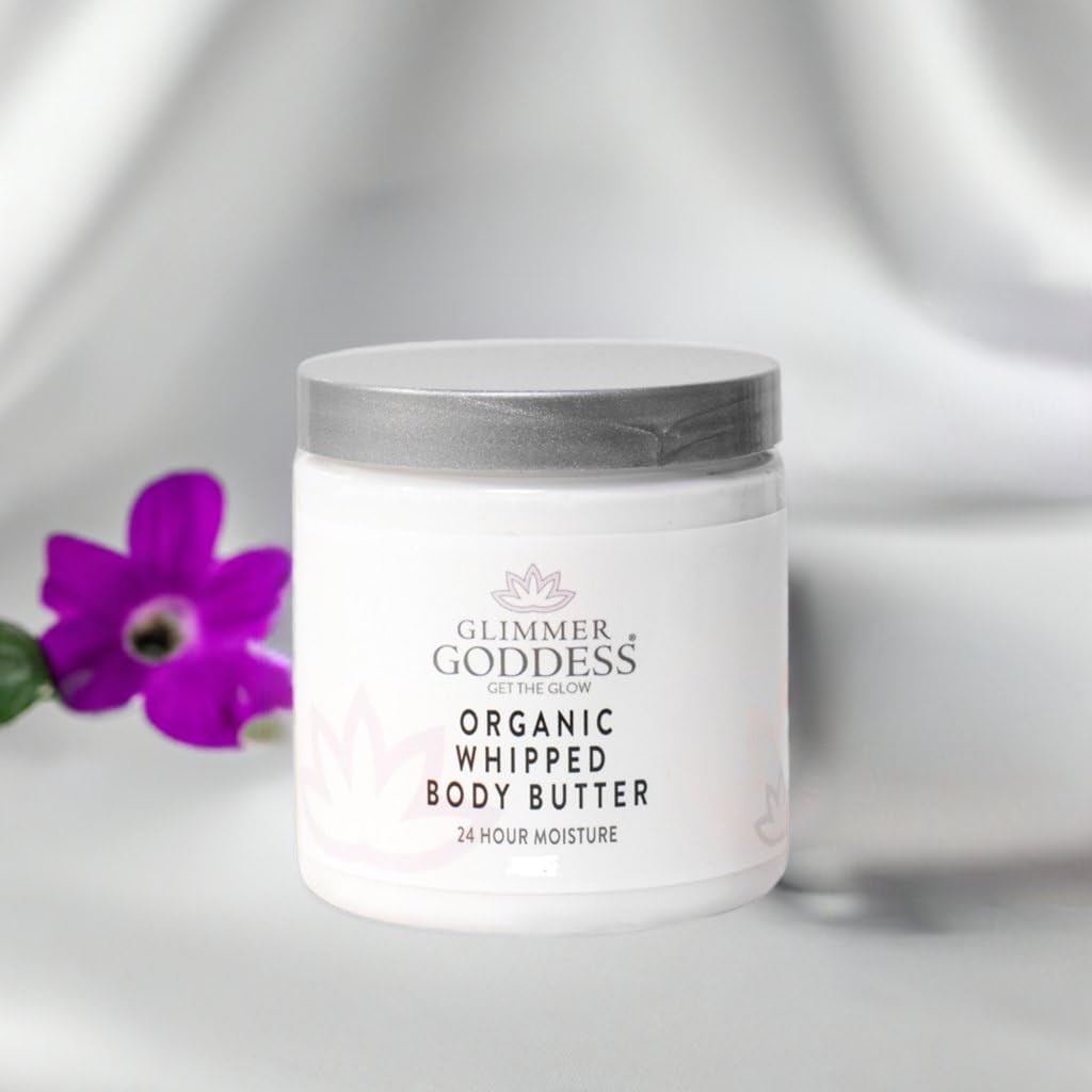 Glimmer Goddess Organic Whipped Body Butter for Women - Moisturizer Cream with Shea & Cocoa Butter, Almonds & Coconut Oil - Candy Cane, 8oz