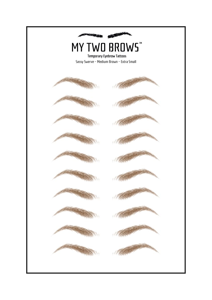 (10 pairs) Medium Brown Temporary Eyebrow Tattoo - Extra Small Size - Waterproof & Smudgeproof - Sassy Swerve Style Eyebrow Stickers - Sheet Lasts up to 30 Days - Won't Work on Existing Brows