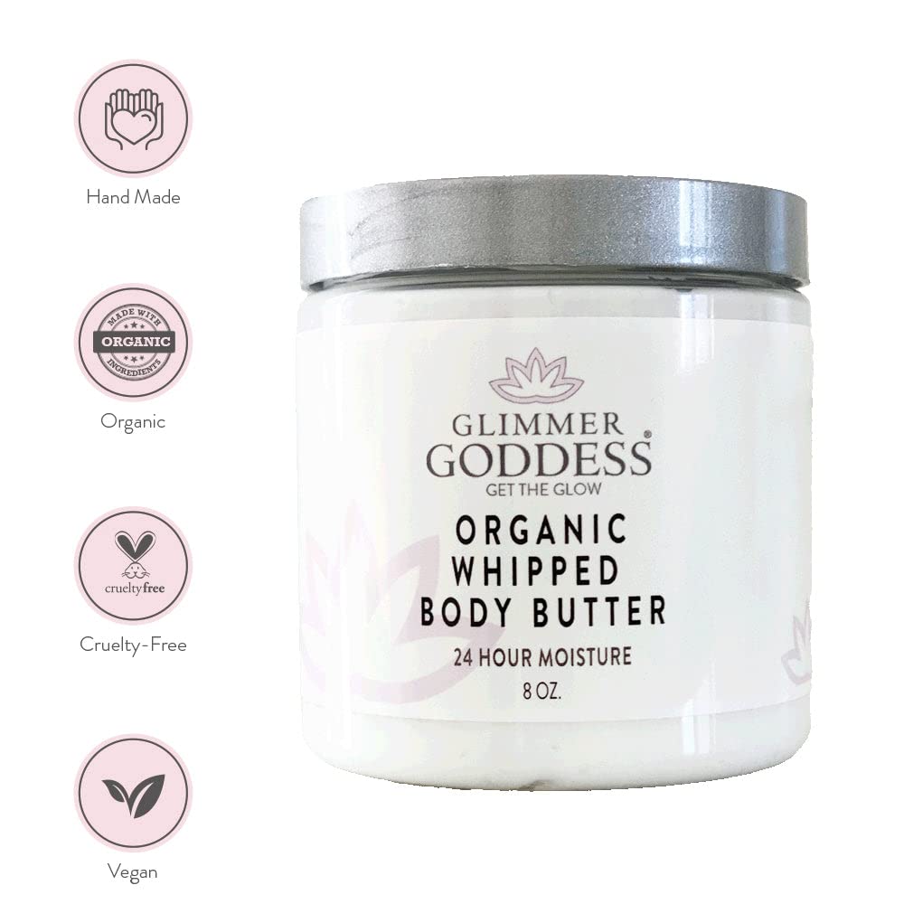 Glimmer Goddess Organic Whipped Body Butter for Women - Moisturizer Cream with Shea & Cocoa Butter, Almonds & Coconut Oil - Orange Creamsicle, 8oz