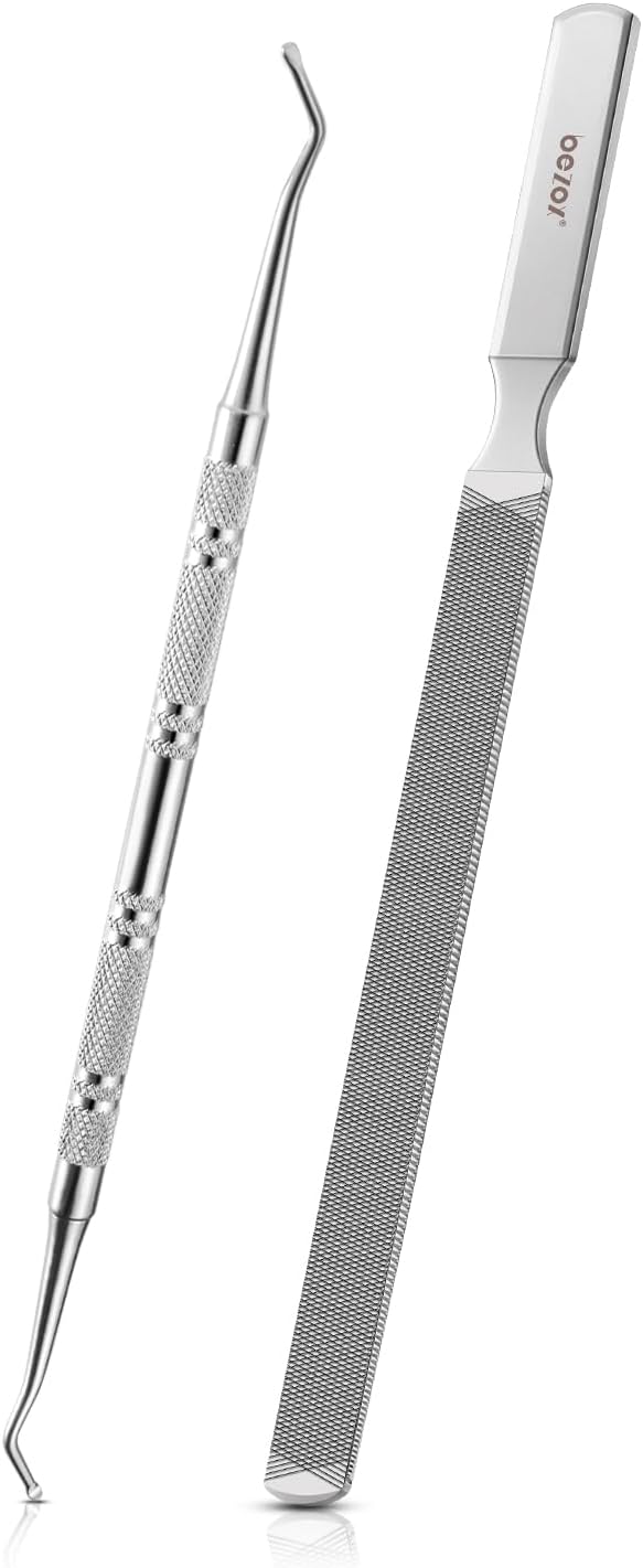 BEZOX Long Metal Nail File, Stainless Steel Fingernail File for Thick and Fungal Nails with Dual-Ended Toenail Lifter – The Ultimate Manicure & Pedicure Tool for Men and Women’s Nail Care - Silver