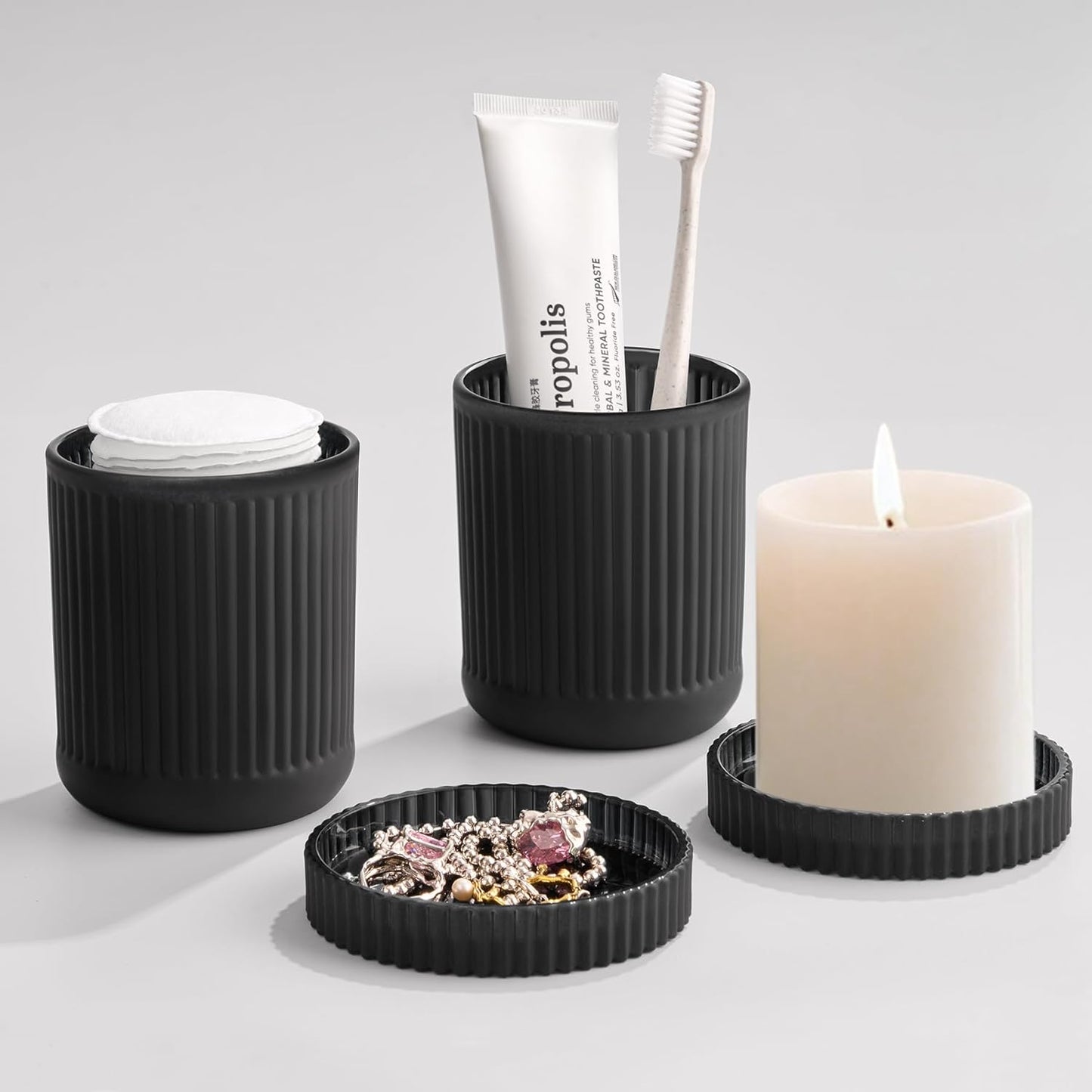 Glass Bathroom Organizer Set for Men, 2 Pack Bathroom Accessories, Bathroom Decor for Cotton Swabs, Cotton Balls, Pads, Floss Picks – Husband Birthday Gift Ideas, Gifts for Men(Black)