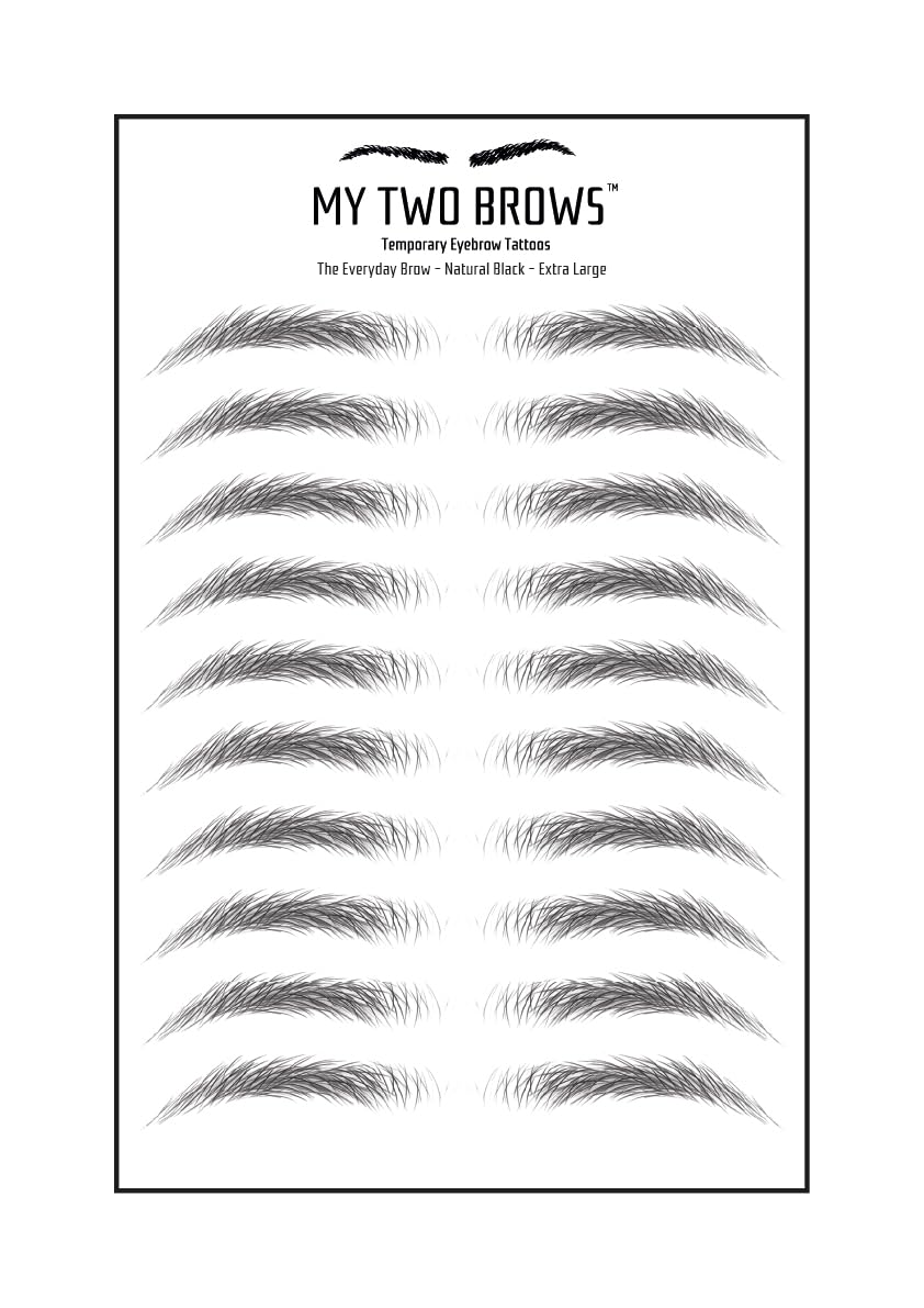 (10 pairs) Natural Black Temporary Eyebrow Tattoo - Extra Large Size - Waterproof & Smudgeproof - Everyday Brow Style Eyebrow Stickers - Sheet Lasts up to 30 Days - Won't Work on Existing Brows