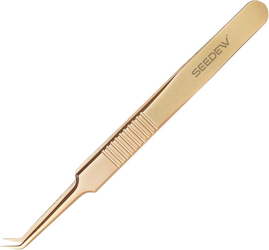 Golden Stainless Steel 45 Degree Angled Volume Tweezer, 1 Pc, T05 Fiber Tip, Precision Eyelash Extension Tool for Lash Tech & Artist