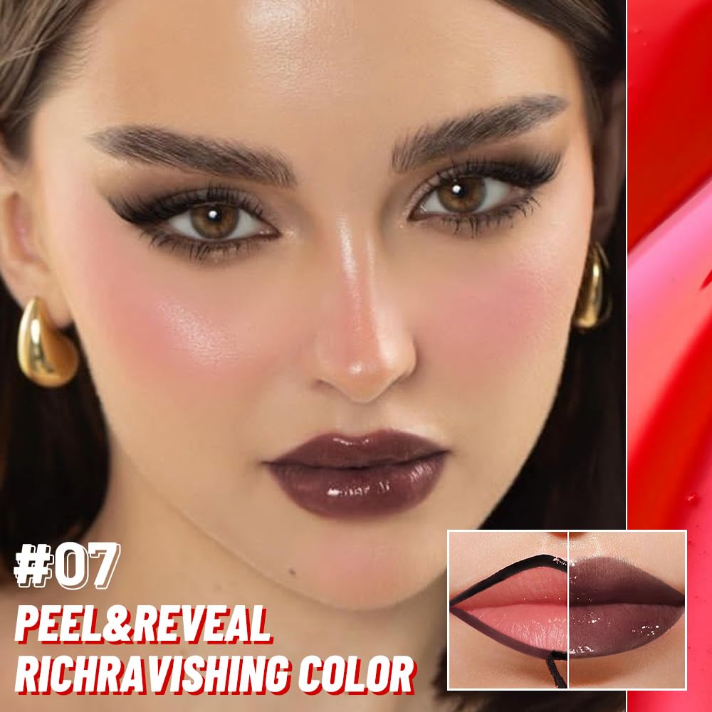 Maroon Lip Stain Peel Off Lip liner and Lip oil with Tweezer, Dual-Ended Peel Off Lip Stain Tattoo, Highly Pigmented Long Lasting Waterproof, Transfer-proof for All Skin Types, 07#