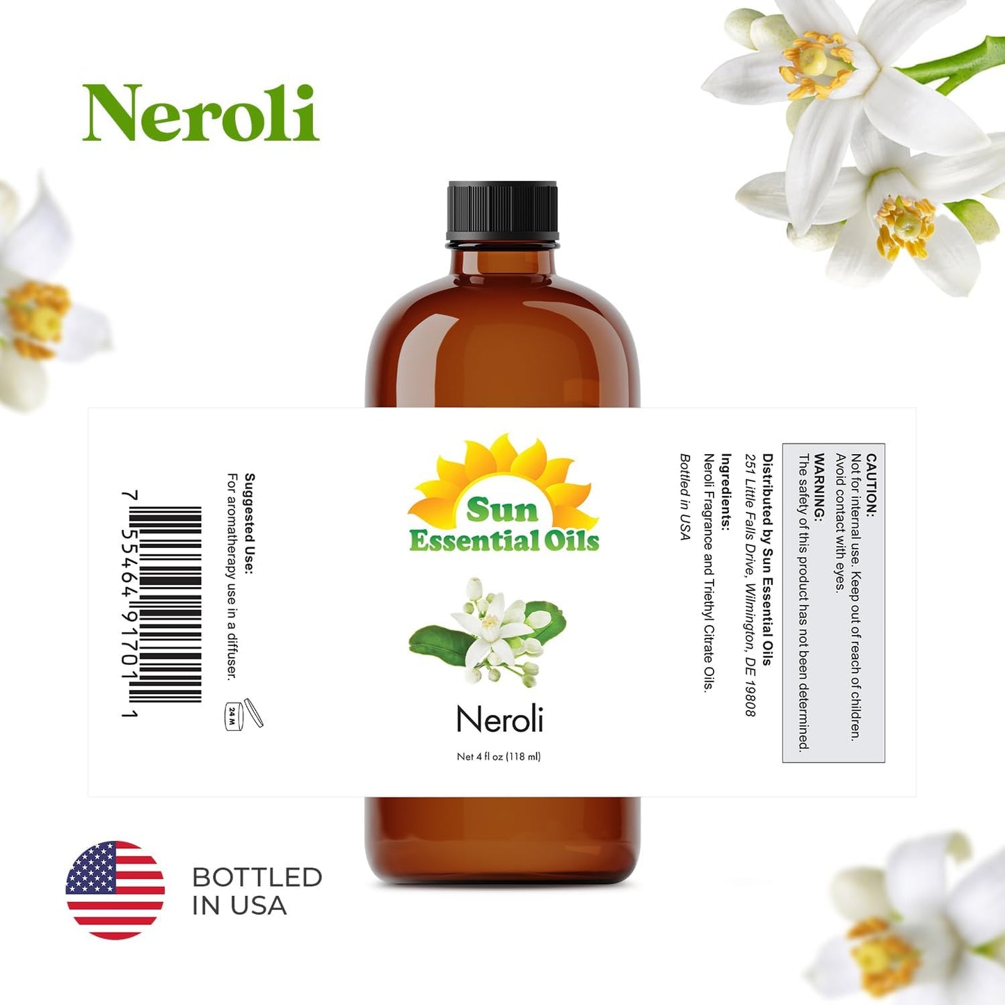 Sun Essential Oils - Neroli 4oz Bottle for Humidifier, Diffuser, Aromatherapy, Skin and Hair Care - Neroli Oil - Aromatherapy Oil