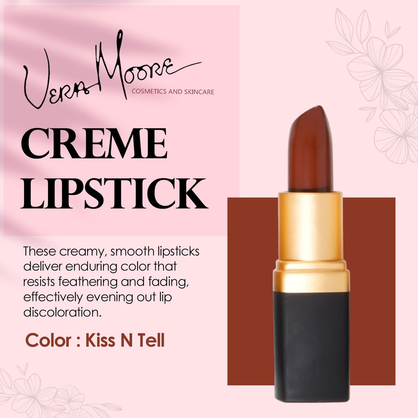 Vera Moore Creme Lipstick, Long Lasting, Lightweight, Moisturizing Opaque Color with Staying Power, Fragrance, and Paraben Free Cosmetics Soft Lipstick (Kiss N Tell)