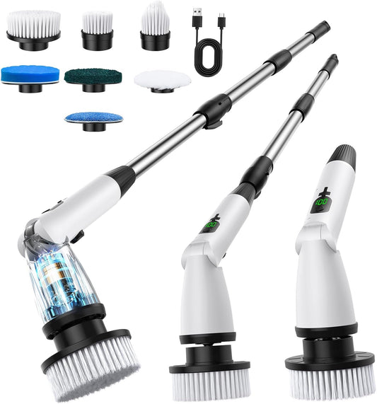 11 in 1 Electric Spin Scrubber Cordless Cleaning Brush 3 Adjustable Angles 2 Adjustable Speeds LED Display Shower Cleaner Brush Supplies Extension Long Handle for Bathroom Floor Tile Toilet Waterproof
