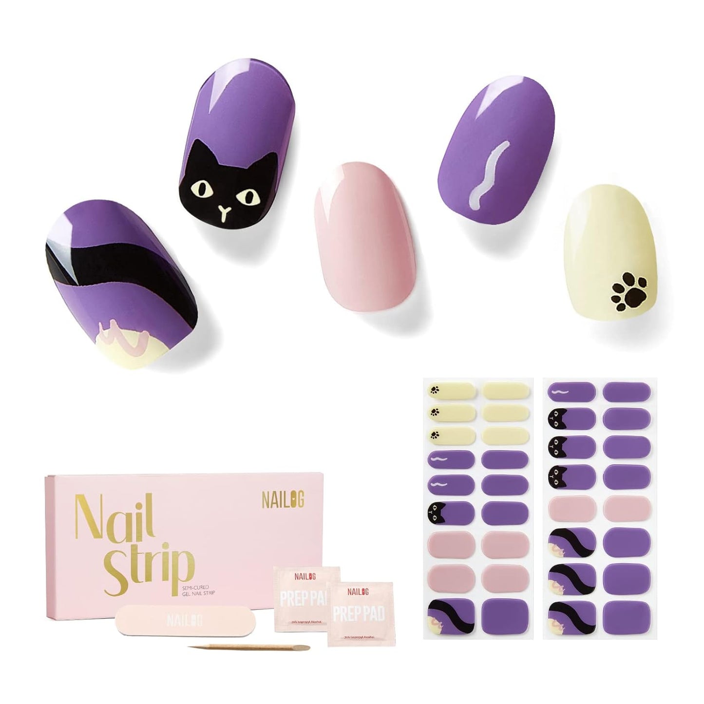 Nailog Semi Cured Gel Nail Strips 34 pcs | Long Lasting Nail Polish Sticker Wraps with Glossy Gel Finish (Black Cat)