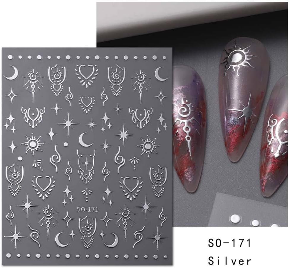 12 Sheets Metallic Nail Art Stickers - Sun Star, Moon Rose & More - 3D Self-Adhesive, Shiny Laser Gold & Silver - Holographic, Glitter for Women's Nail Manicure Decorations