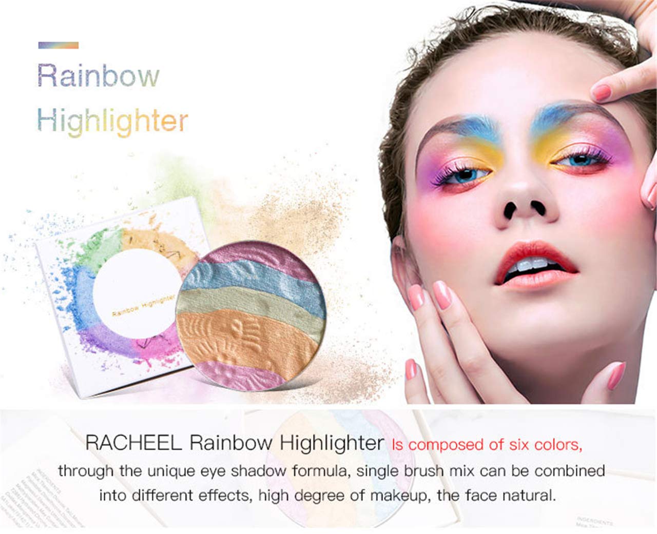 Pro 6 Colors 3D Baked Rainbow Highlighter Eyeshadow Makeup Palette Xmas Cosmetic Blusher Shimmer Powder Contouring Kit Unicorn Blush