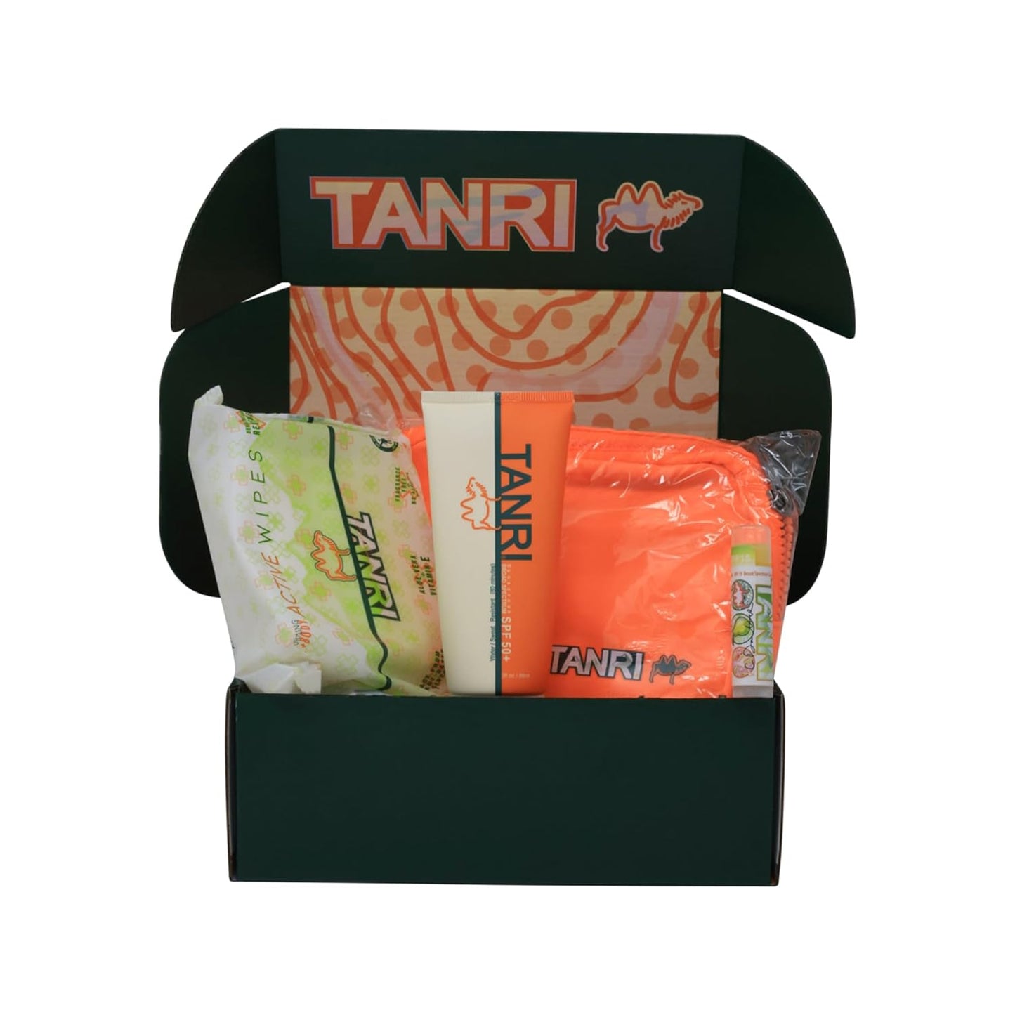 TANRI Primo Explorer Pack; Includes SPF50+ Sunscreen Lotion with Zero White Cast, Active Wipes No-Rinse Body Wipes, Moisturizing SPF15 Pear Lip Balm and an Adjustable Fanny Pack (4-Pack Bundle)