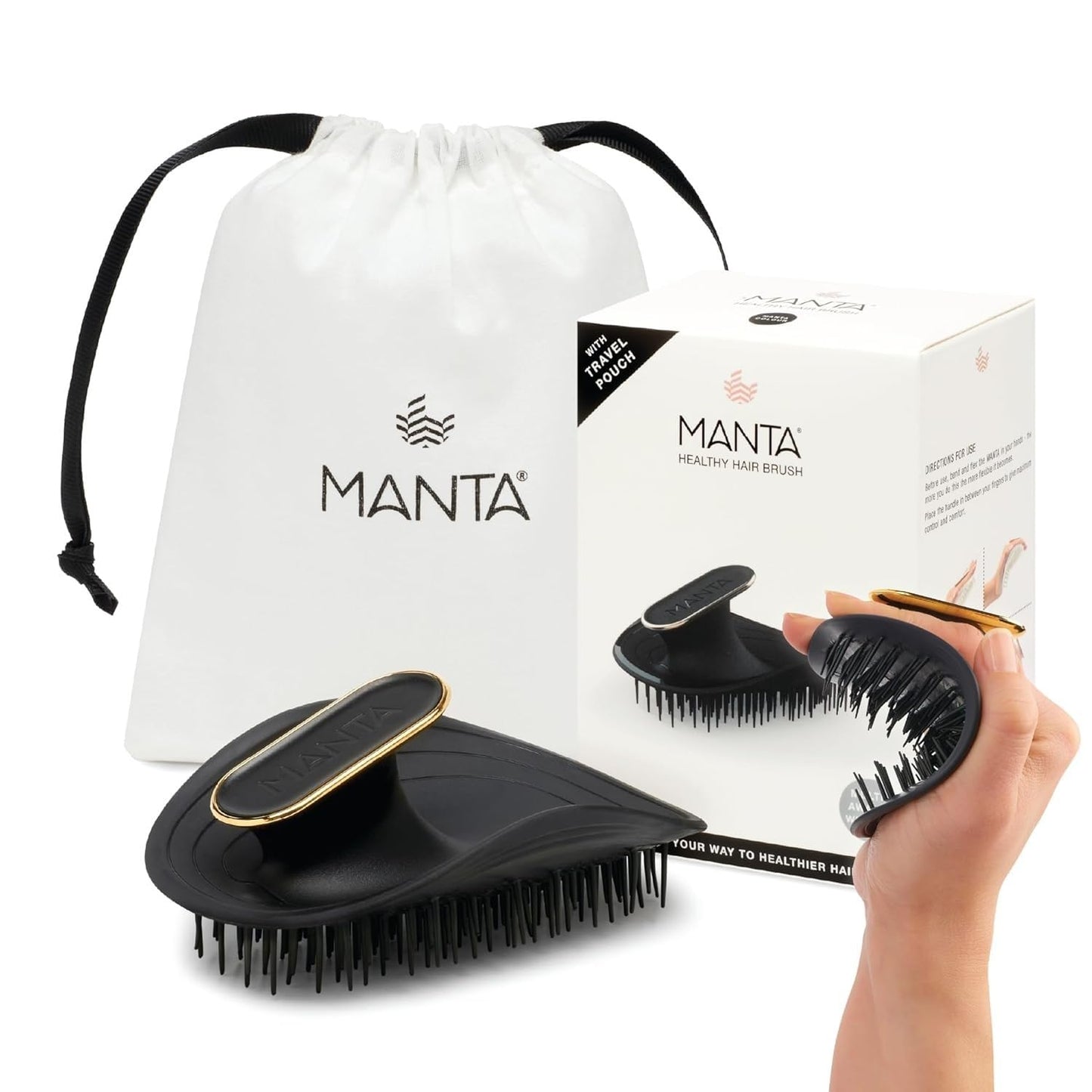 Manta Original Anti-Breakage Hairbrush – Gentle Detangling Brush for Wet & Dry Hair, Flexible Hairbrush for All Types, Healthy Hair Care for Women & Men, Black