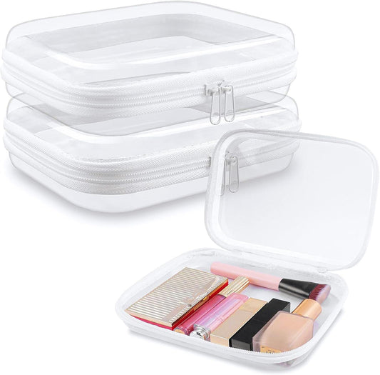 Clear Hard Shell Zipper Case 3 PCS Clear Cosmetic Make up Bag Waterproof Travel Toiletry Bag for Women, Hard Plastic Zipper Pouches Portable Travel Storage Organizer Bins (White, 8"x6"x2")