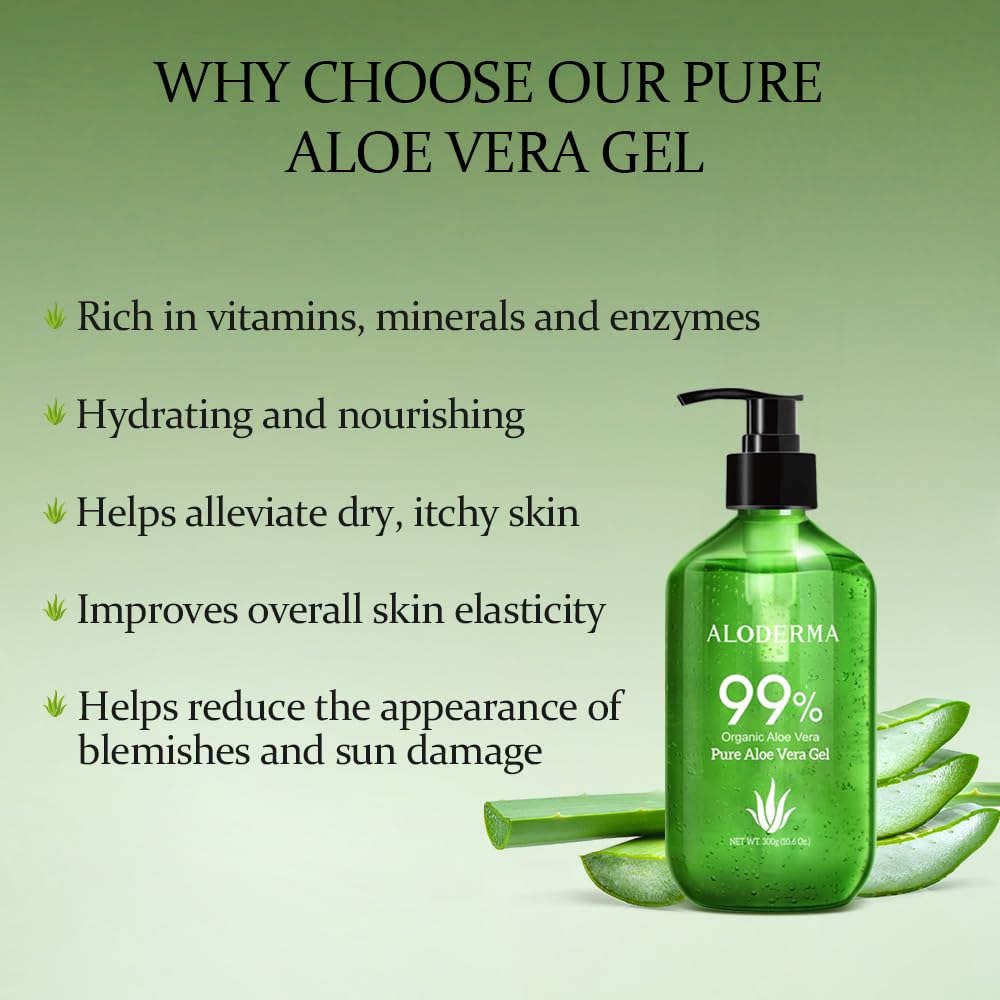 Aloderma 99% Organic Aloe Vera Gel Made within 12 Hours of Harvest - Pump Bottle - Lightweight Aloe Gel for Face and Body, Soothing and Hydrating Sunburn Relief, Great for Scalp & Hair - 6 x 10.6oz
