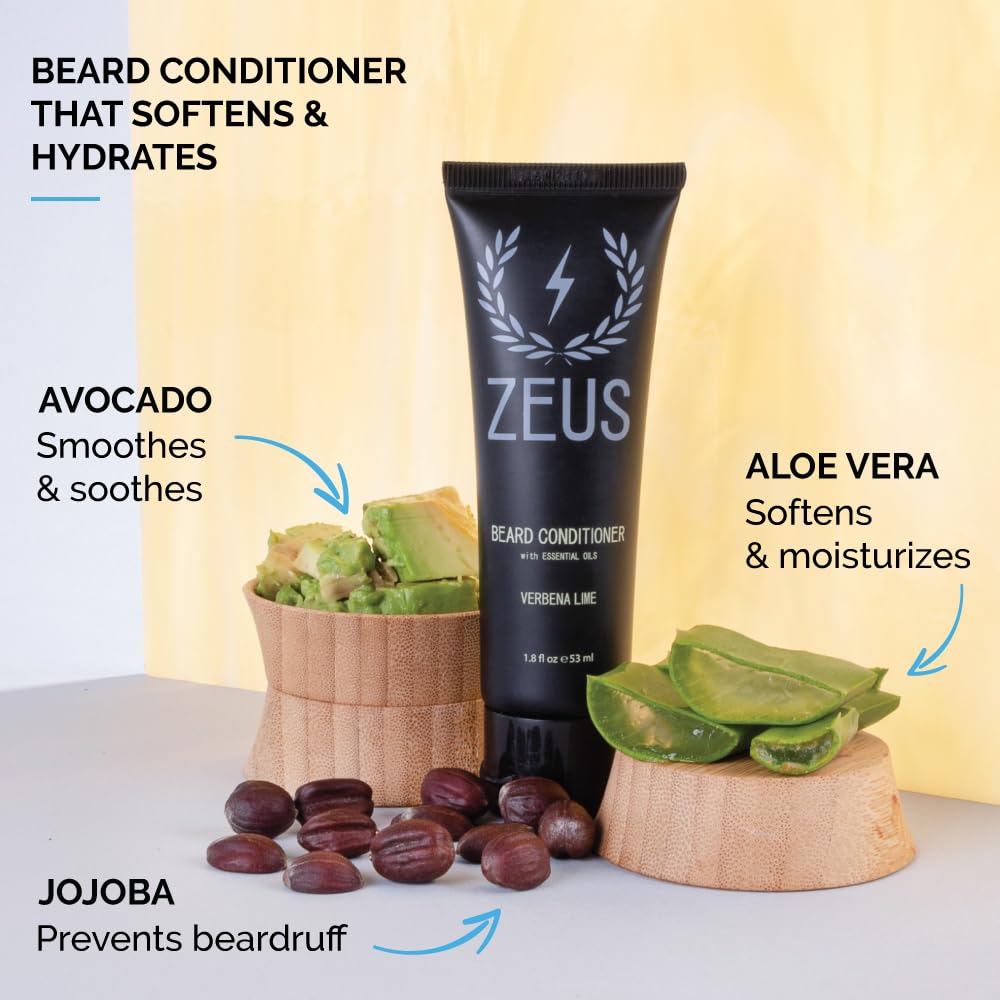ZEUS Travel Beard Shampoo & Conditioner Combo for Men, Grooming Set with Green Tea & Essential Oils, Softens, Hydrates & Moisturizes Facial Hair (Made in USA) Verbena Lime