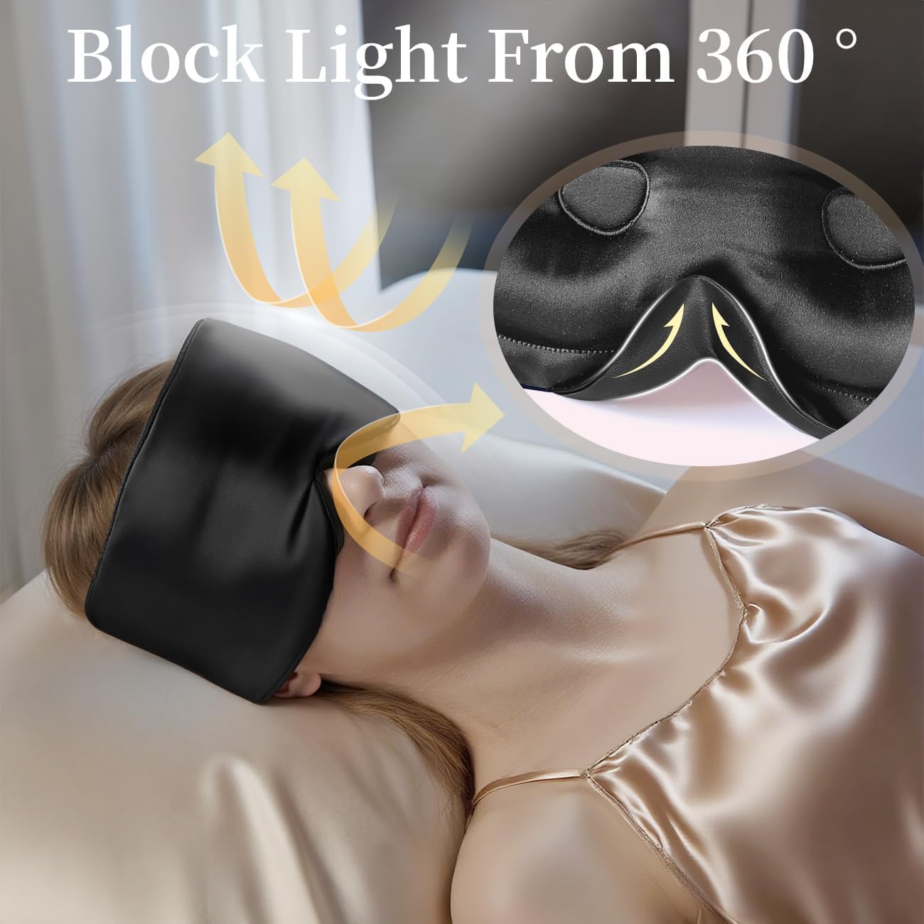 USlixury Silk Sleep Mask, 3D Contoured Sleeping Masks, Blackout Sleep Masks for Women with Nose Wing,100% Mulberry Silk, Face-Hugging Non-Slip SLEP Mask for Side Sleeper, 27.5x4.5'', Dark