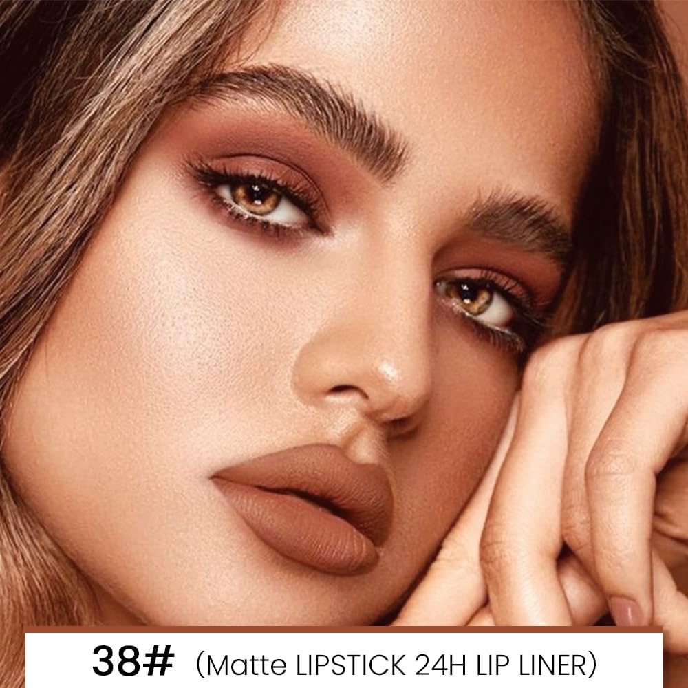 Kaely 2-in-1 Brown Matte Lip Liner & Lipstick Combo Set Kit for Women, Magic Neutral Lipstick 24 Hours Original Lips Liner Pencil Stain Gloss Plumper Makeup Long Lasting Waterproof 38