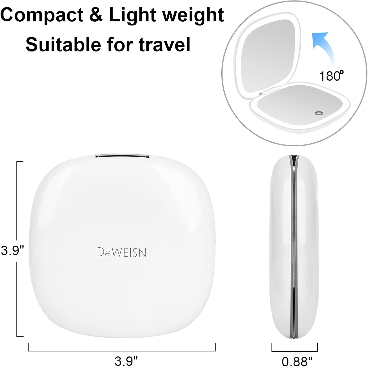 deweisn Compact Mirror, Lighted Travel Makeup Mirror with 1X/10X Magnifying Double Sided Dimmable Portable Pocket for Handbag and Pocket, USB Charging(White)