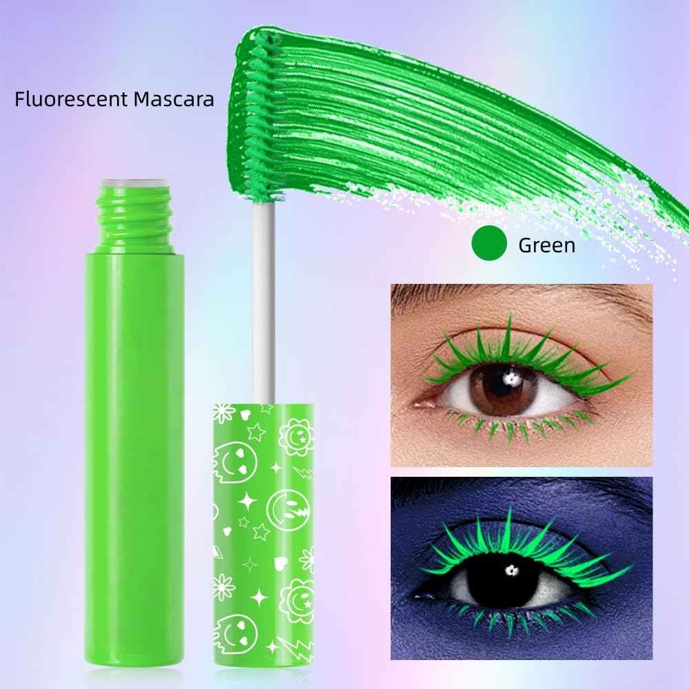 6 Colors Fluorescent Mascara, Glow Colored Mascara, Parties, Weddings, Stage Use, Party Night, Halloween Christmas Parties, High Pigmented, Apply to Eyelashes/Eyebrows/Hair (Green)