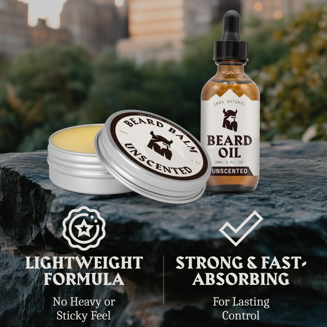 Striking Viking Beard Balm & Beard Oil for Men – Unscented, 1 Fl Oz Each - Dual-Use Leave In Conditioner - Tames, Styles & Moisturizes – With Naturally-Derived Argan & Jojoba Oil